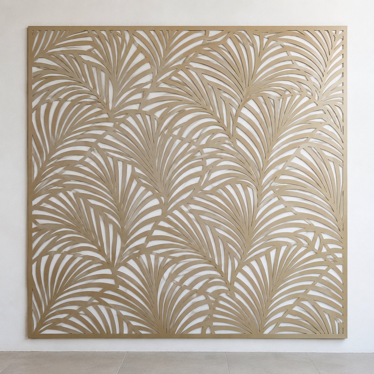Front view of N088 champagne aluminium palm-pattern facade screen panel on a white wall.