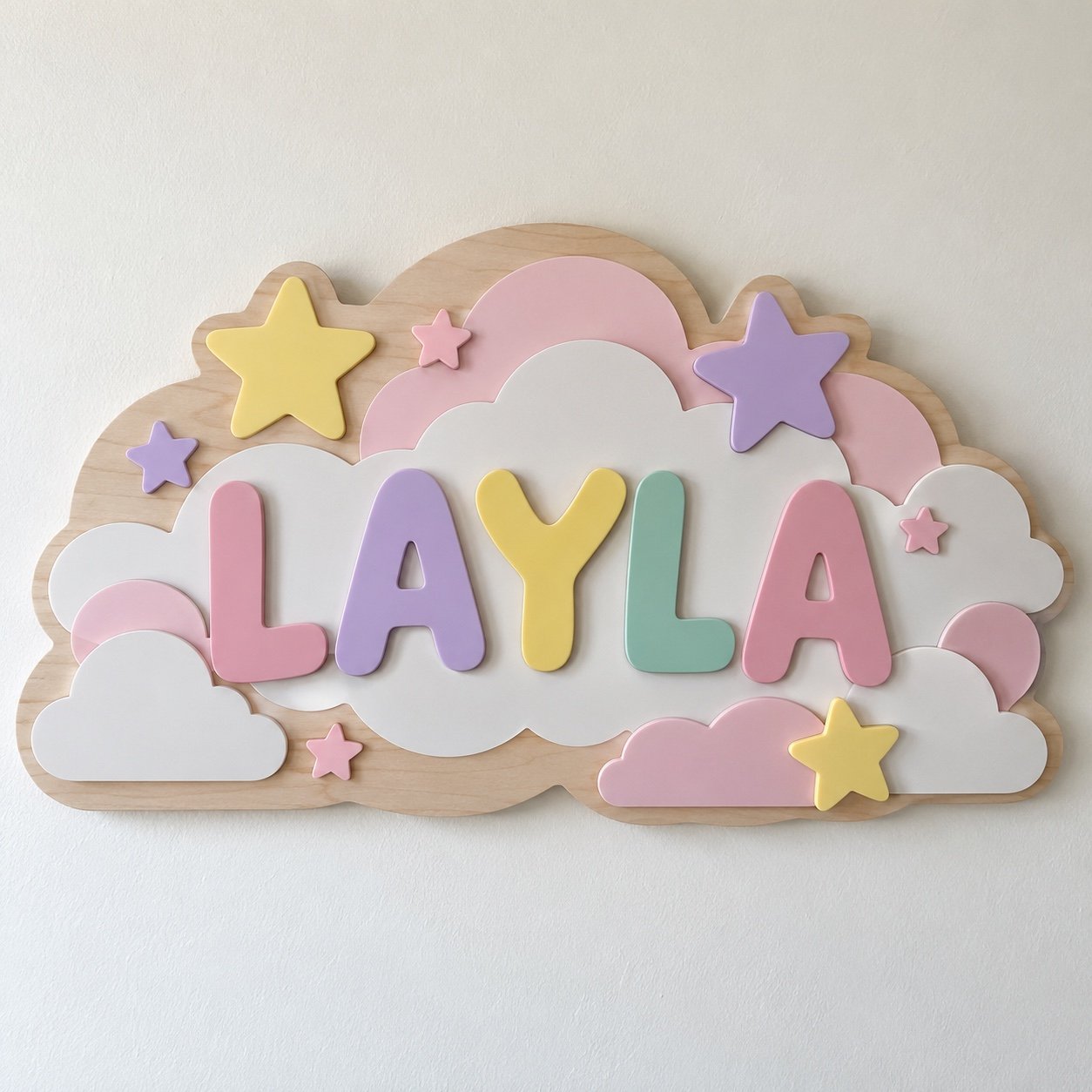 LAYLA personalised kids name wall art with pastel acrylic clouds and stars on birch, front view.