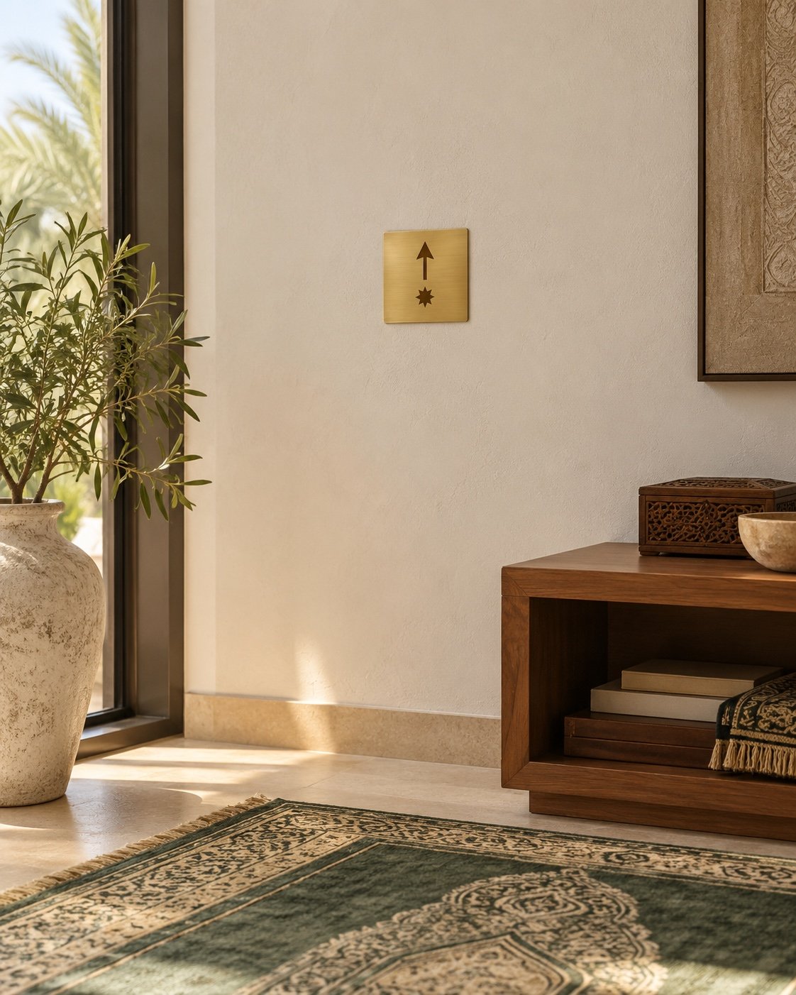 Small brass Qibla Direction Wall Marker mounted in a calm UAE villa prayer corner beside a prayer rug.