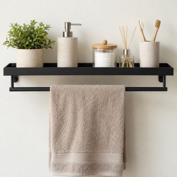 Matte black steel bathroom towel shelf with under-mounted rail on a plain white wall
