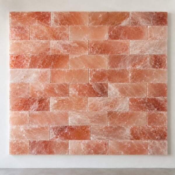 Front view of a Himalayan pink salt brick feature wall on a plain white wall