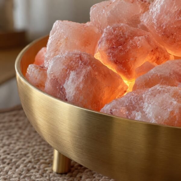 Pink Himalayan salt chunks glowing inside a wide brushed brass fire bowl lamp on short legs