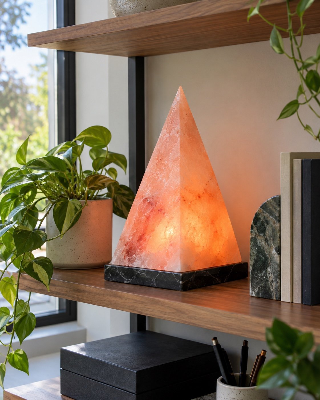 Pink Himalayan salt pyramid lamp glowing on a modern home office shelf