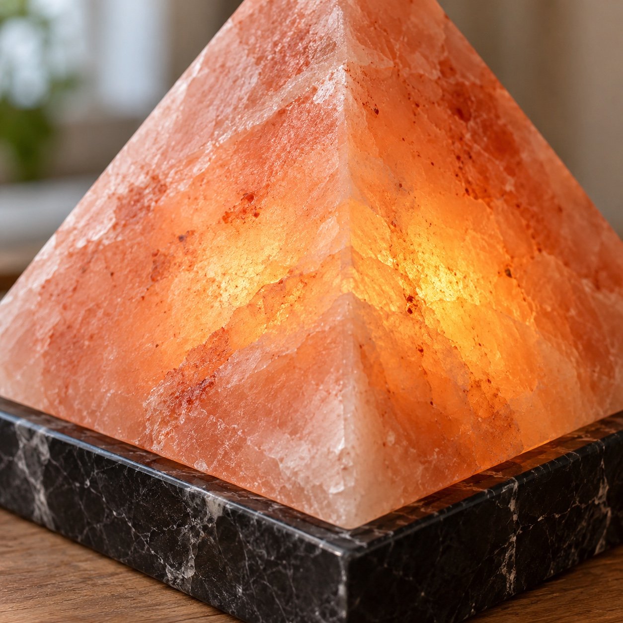 Close-up of the polished pink salt pyramid edge, mineral texture and black marble base