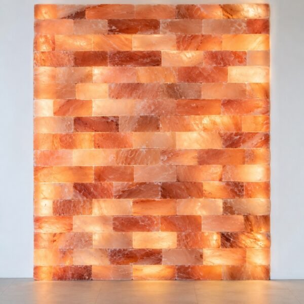 Front view of a floor-to-ceiling stacked pink Himalayan salt brick wall on a plain light background