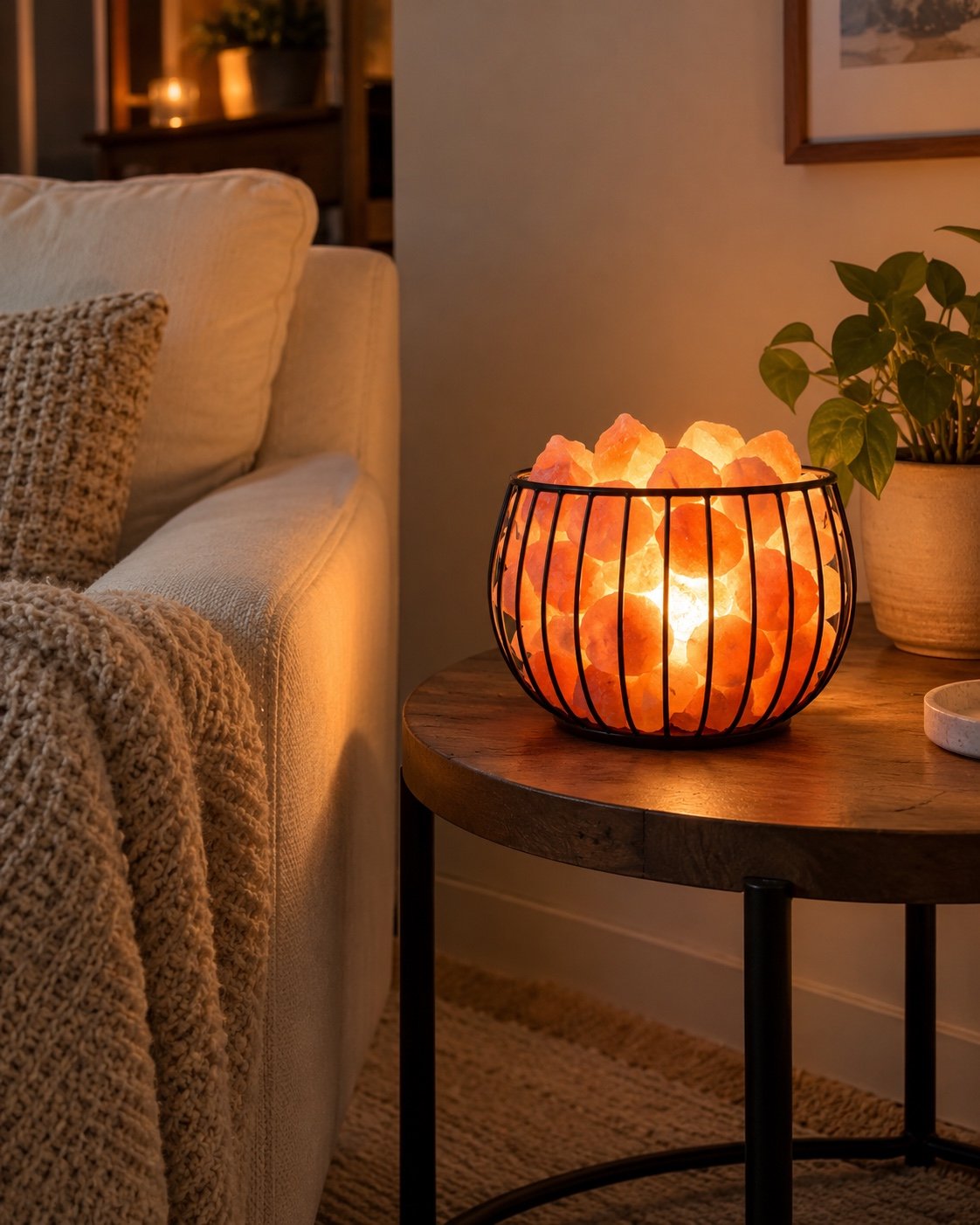 Pink salt chunks basket lamp glowing on a side table beside a cream armchair in a calm living room