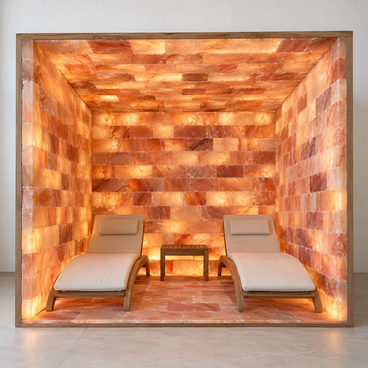 Himalayan pink salt wall lining with warm LED glow on a light floor