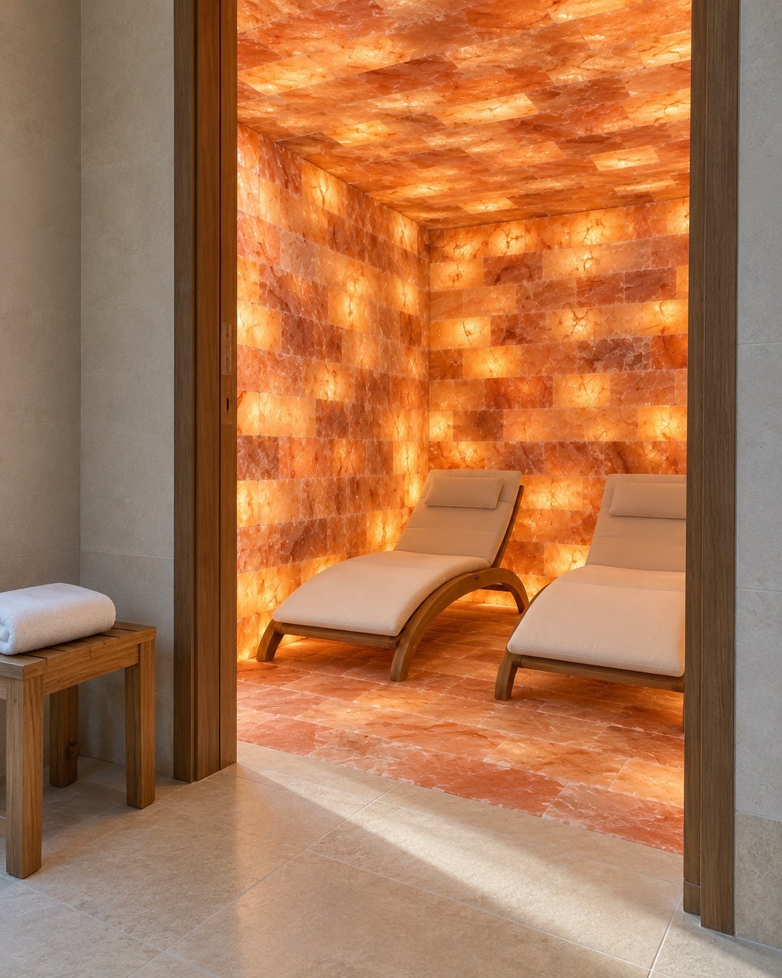 Salt-lined relaxation room with ceiling lining, cream lounge chairs and low table