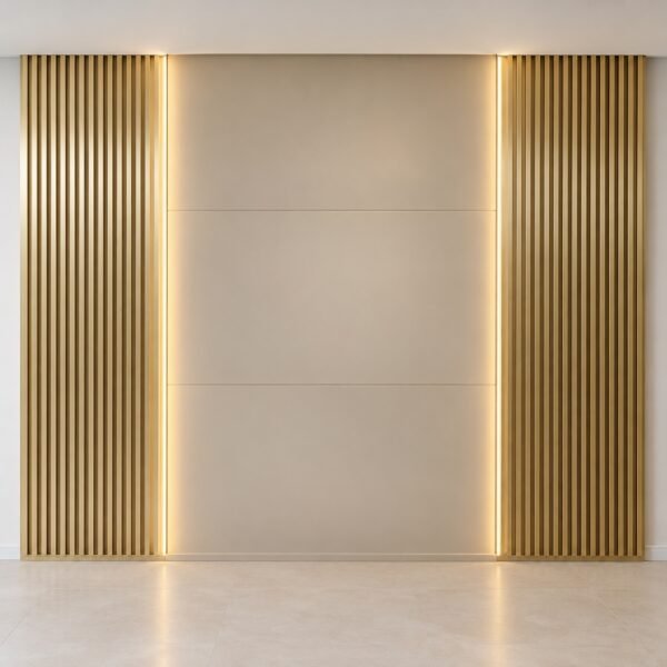 Fluted gold TV backdrop with vertical metal ribs on a plain white wall