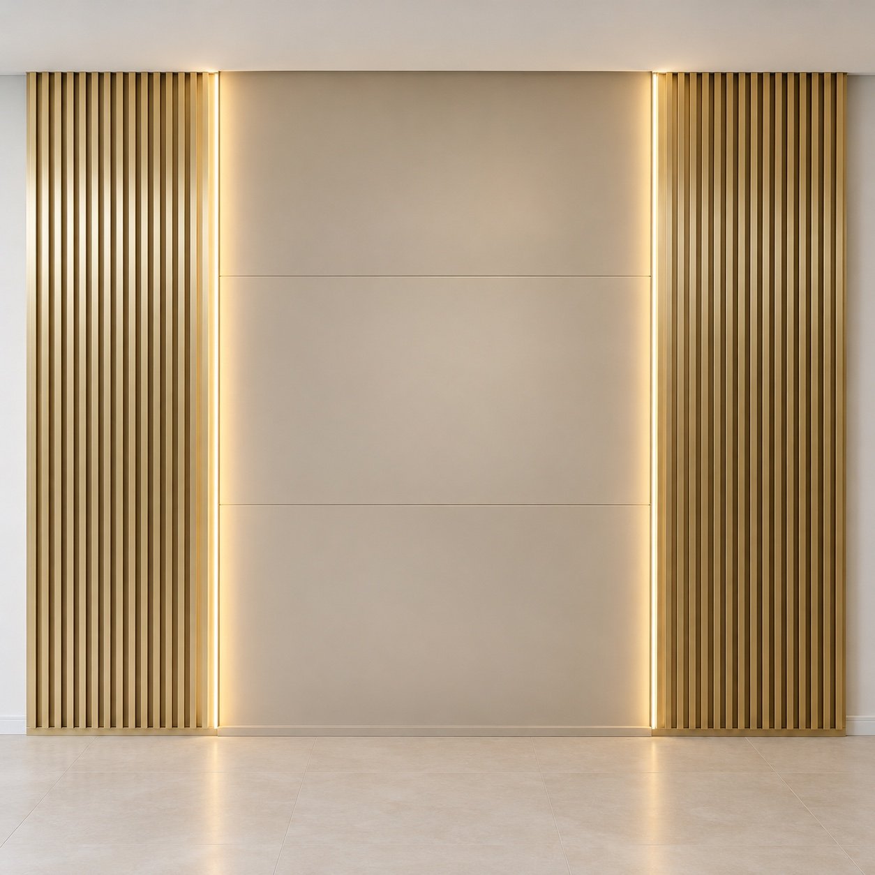 Fluted gold TV backdrop with vertical metal ribs on a plain white wall