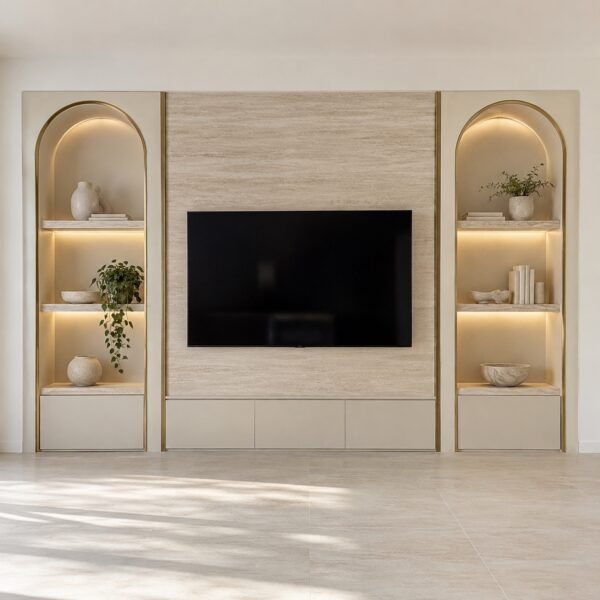 Arch niche TV wall with two gold-edged LED-lit niches on a plain wall