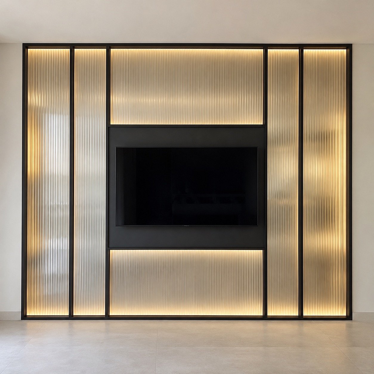 Front view of a fluted glass and matte black metal TV wall on a plain light wall