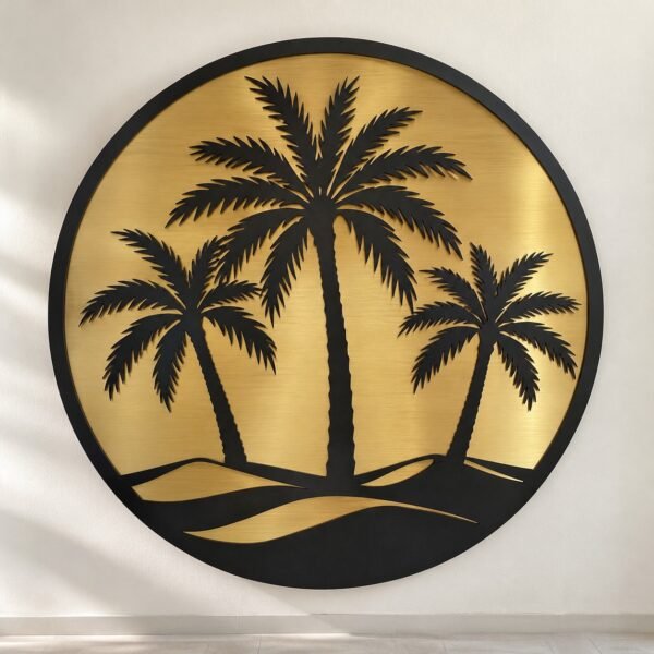 Round matte black laser-cut steel wall panel with three date palms and dunes over a brushed gold disc
