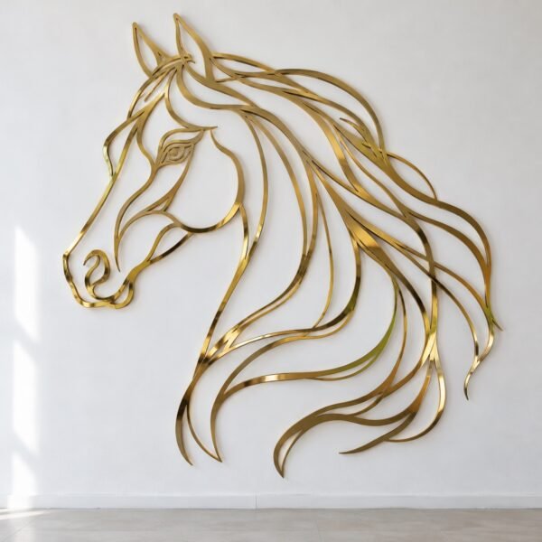 Arabian horse head continuous-line wall art in mirror gold PVD steel on a white wall