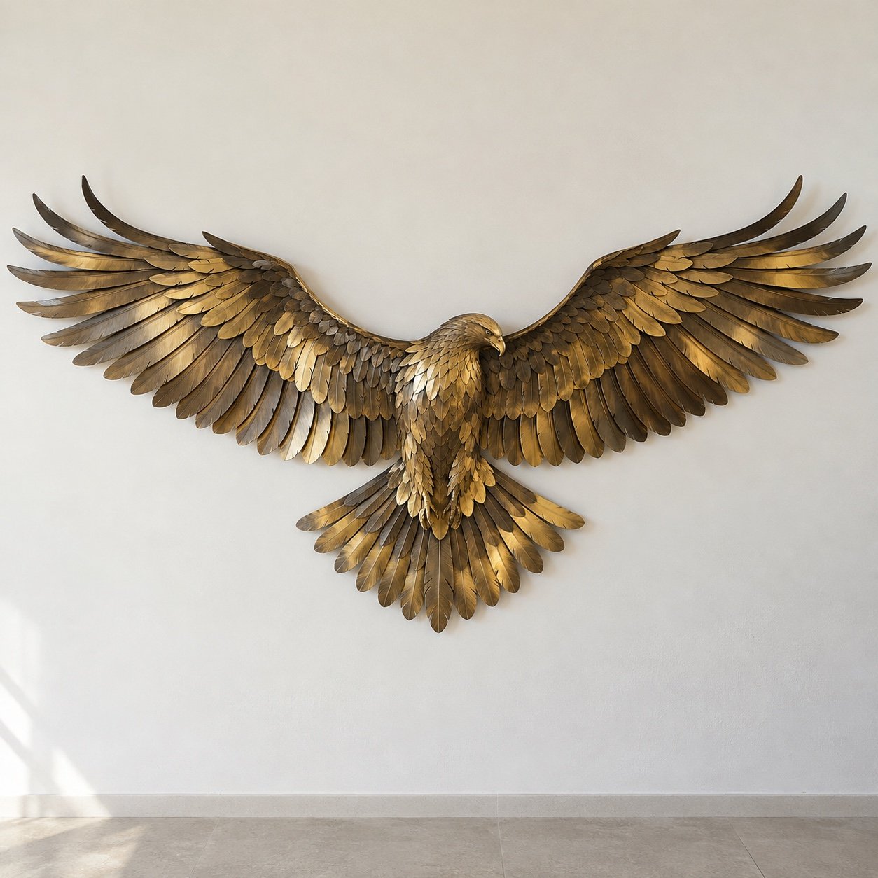 Brushed bronze and gold layered steel Saker falcon wall panel on a plain white wall.