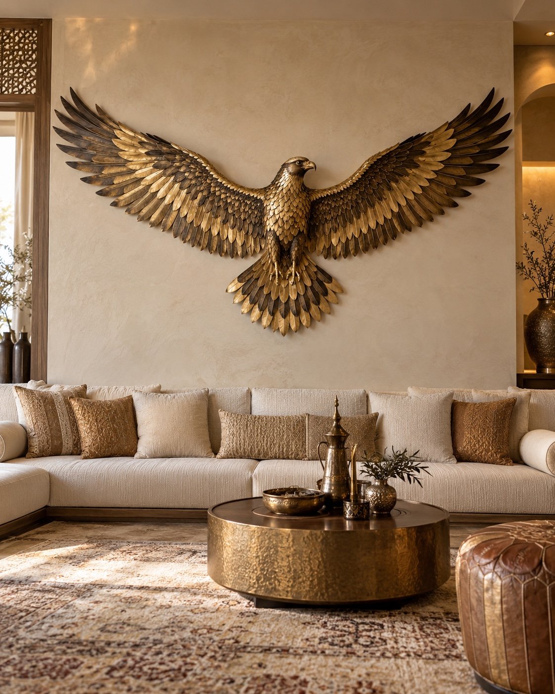 Saker falcon wings spread wall panel displayed above seating in an elegant UAE villa majlis.