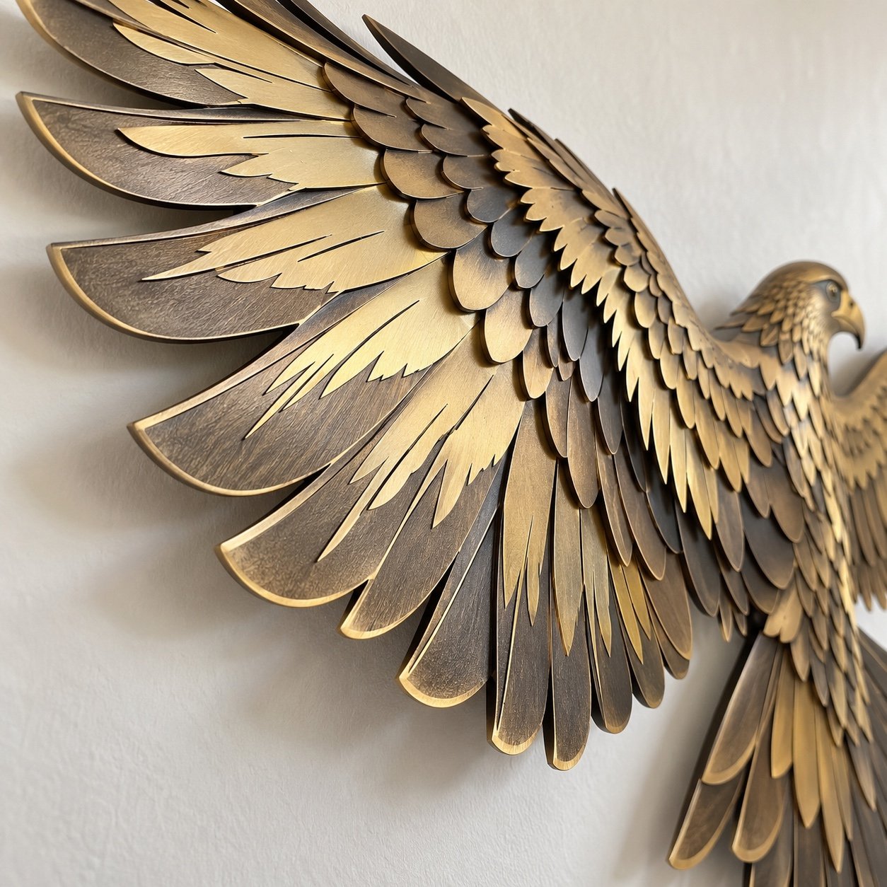 Close-up of layered brushed bronze and gold steel falcon feathers showing the panel edge and finish.