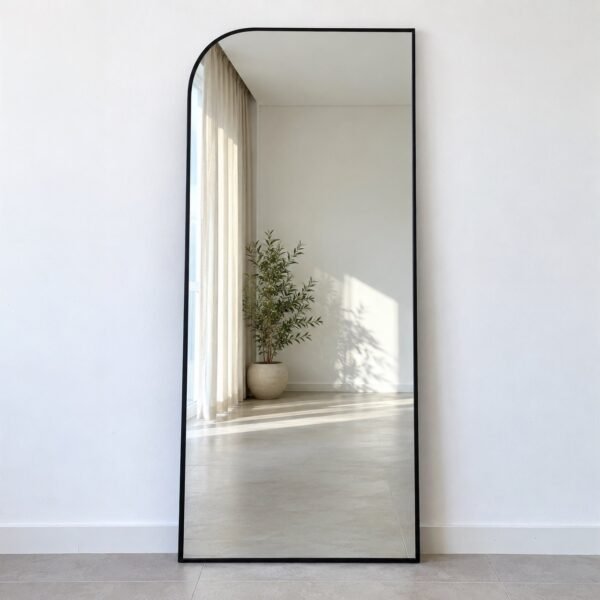 Asymmetric arch floor mirror with matte black steel frame on a light floor