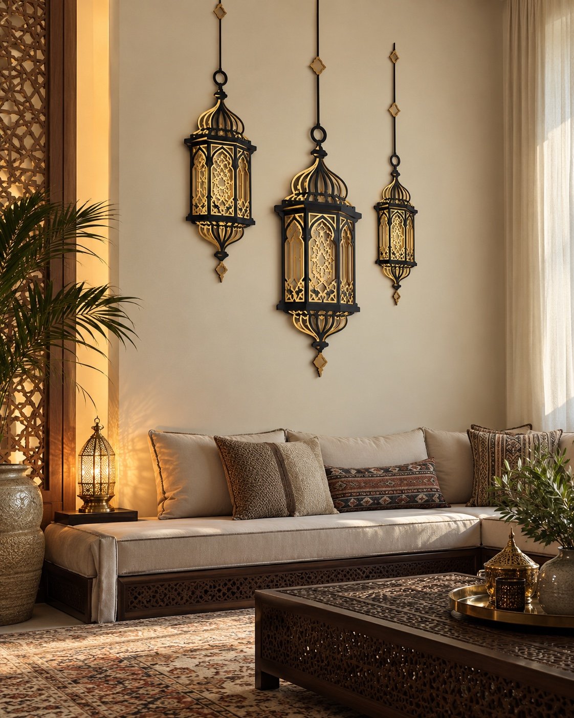 Lantern Trio Wall Art displayed in a UAE villa majlis with low seating and Arabic rugs