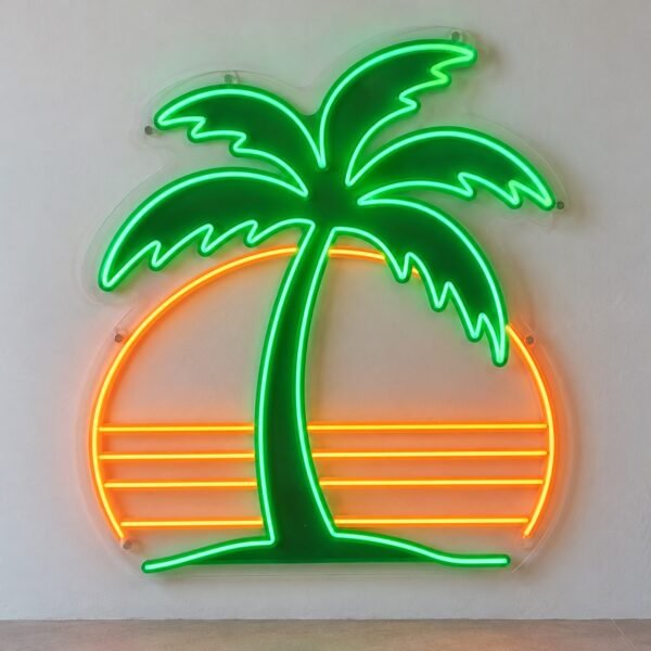 Green palm tree and orange sunset LED neon sign on clear acrylic against a white wall