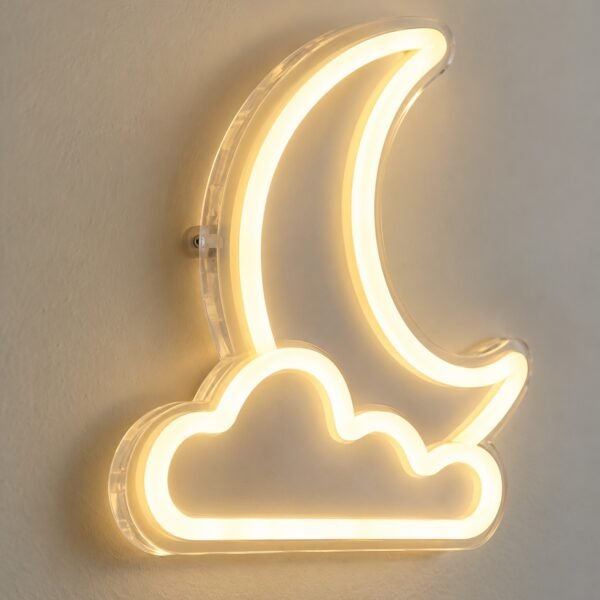 Soft warm-white crescent moon and cloud LED neon sign on clear acrylic against a white wall