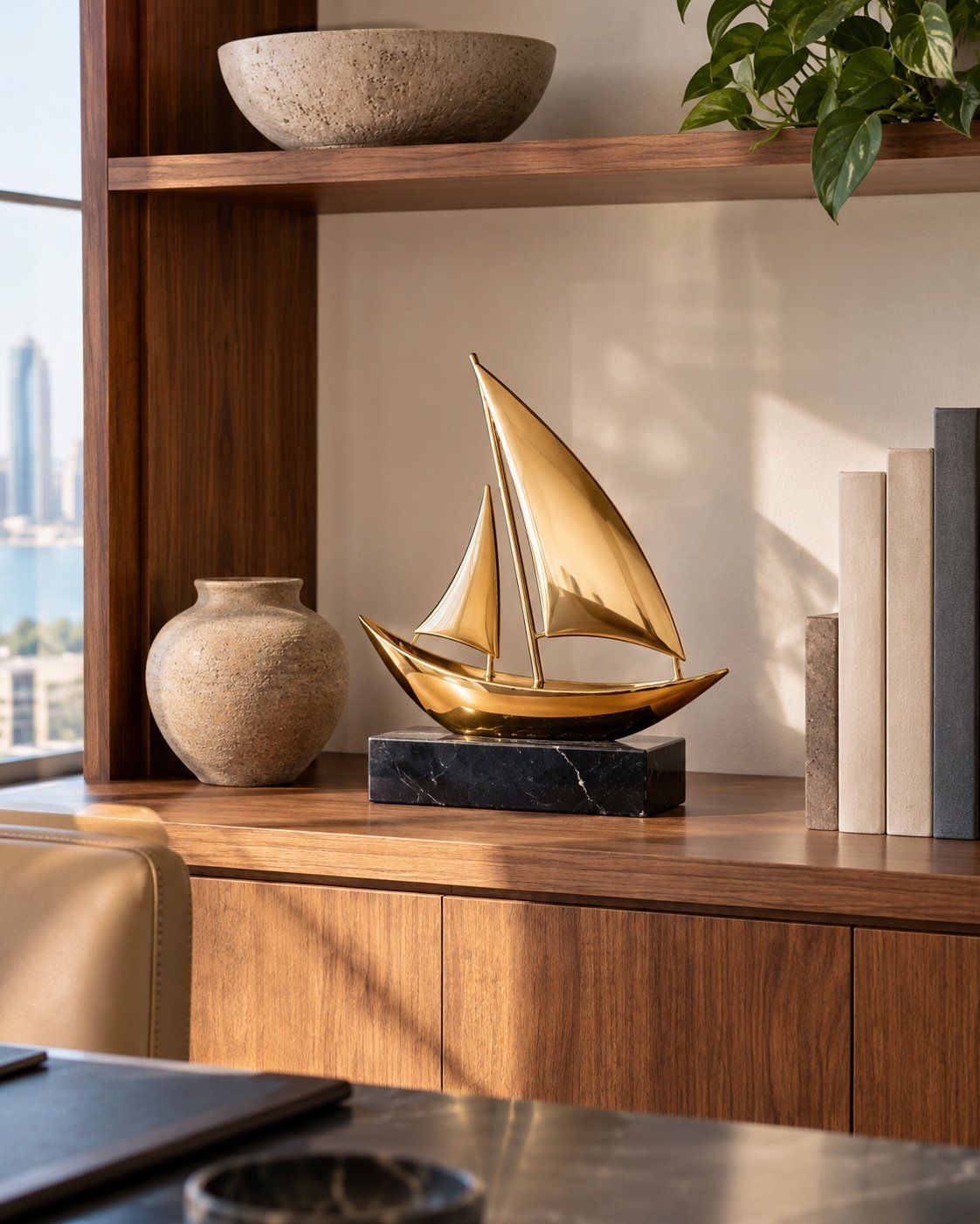 Gold dhow desk sculpture displayed on an executive office shelf beside neutral decor.