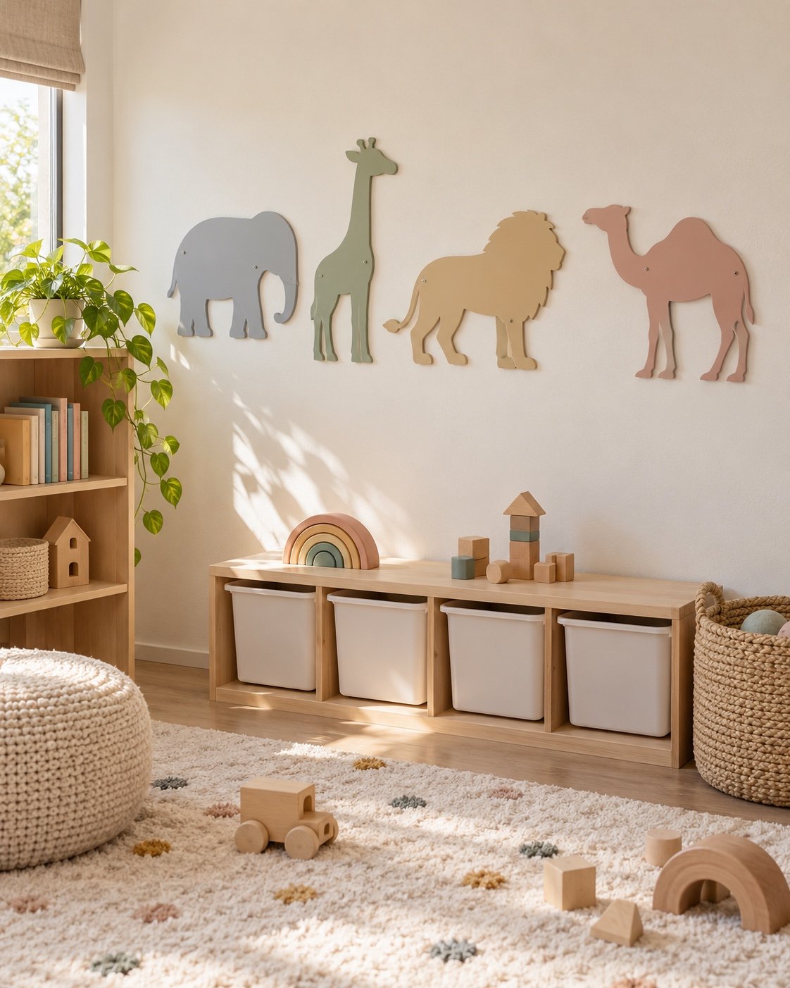 Four pastel safari animal wall pieces in a UAE kids playroom