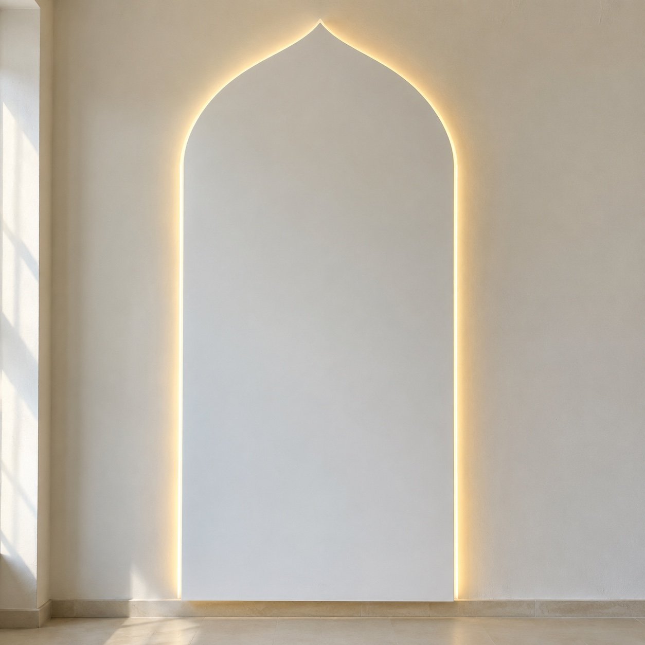 White Corian-look mihrab arch wall panel with a soft LED halo on a plain wall
