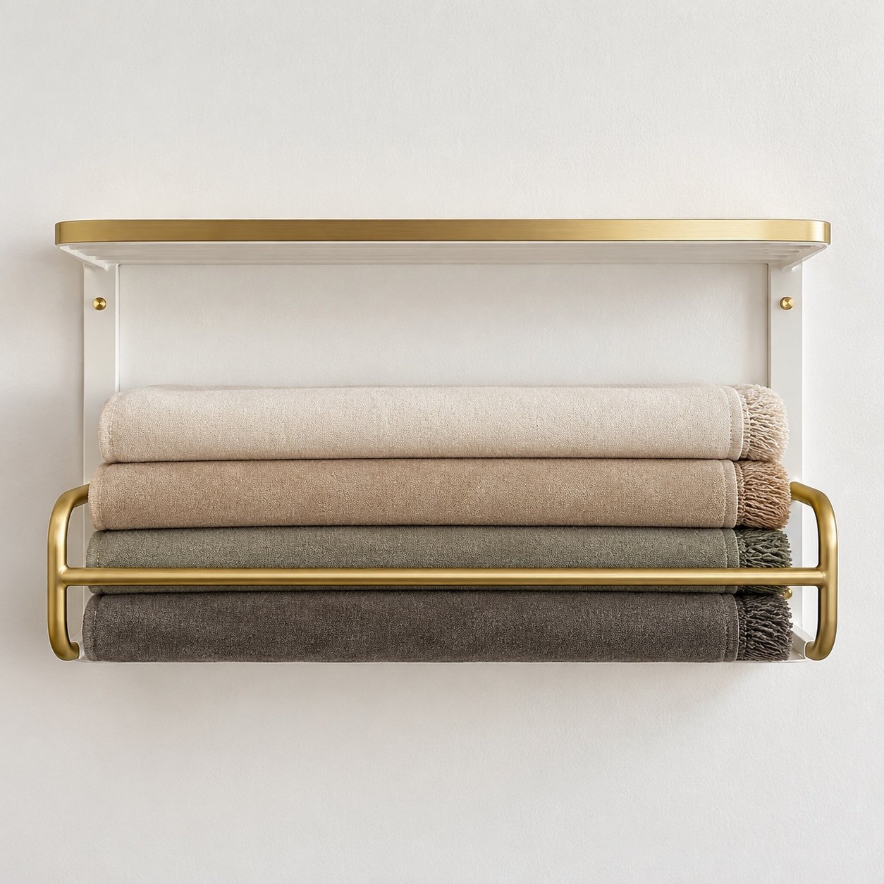 Front view of a white and gold wall-mounted prayer mat storage shelf with curved rail.
