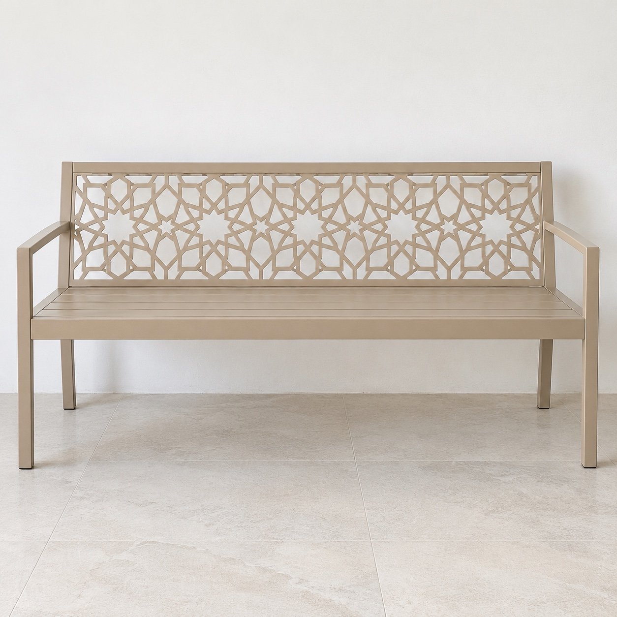 Arabesque steel garden bench in sand-beige powder coat, straight front view