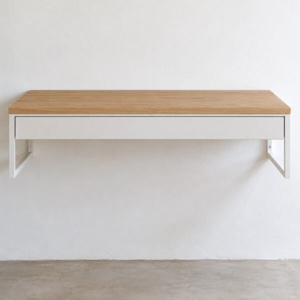 White powder-coated steel floating vanity desk with natural oak top on a plain white wall