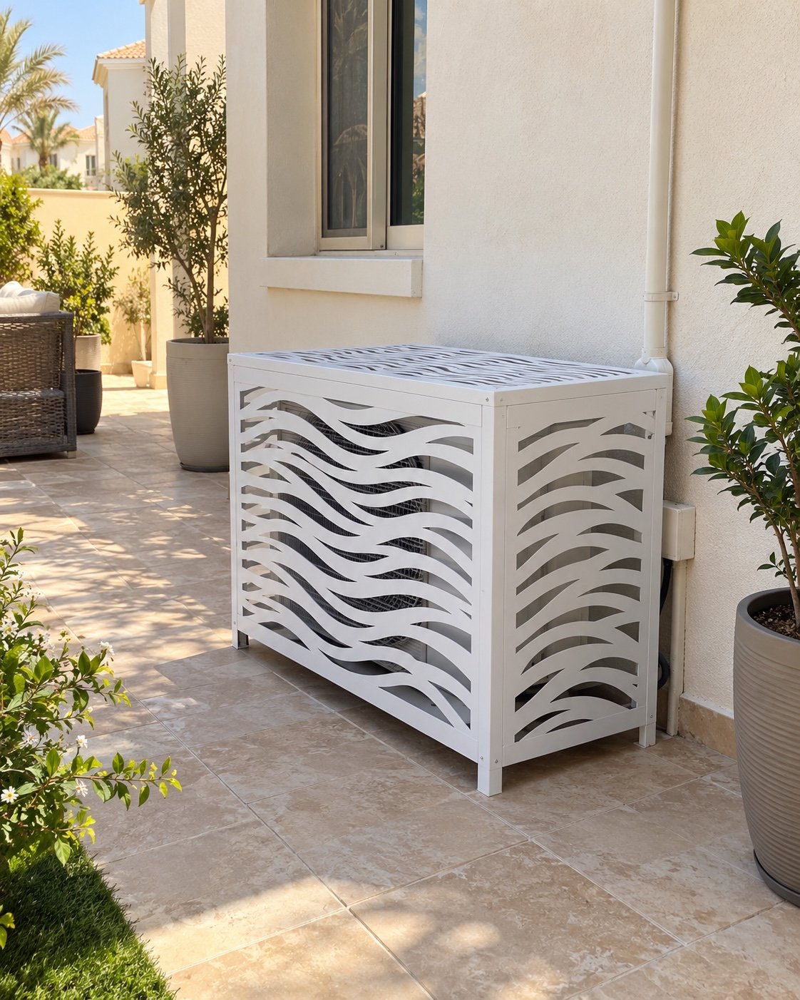 White wave-pattern AC cover around an outdoor condenser in a UAE villa side yard