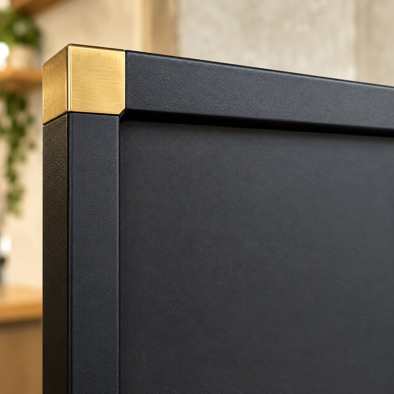 Close-up of black powder-coated steel edge, brushed gold corner accent, and blank matte chalkboard panel