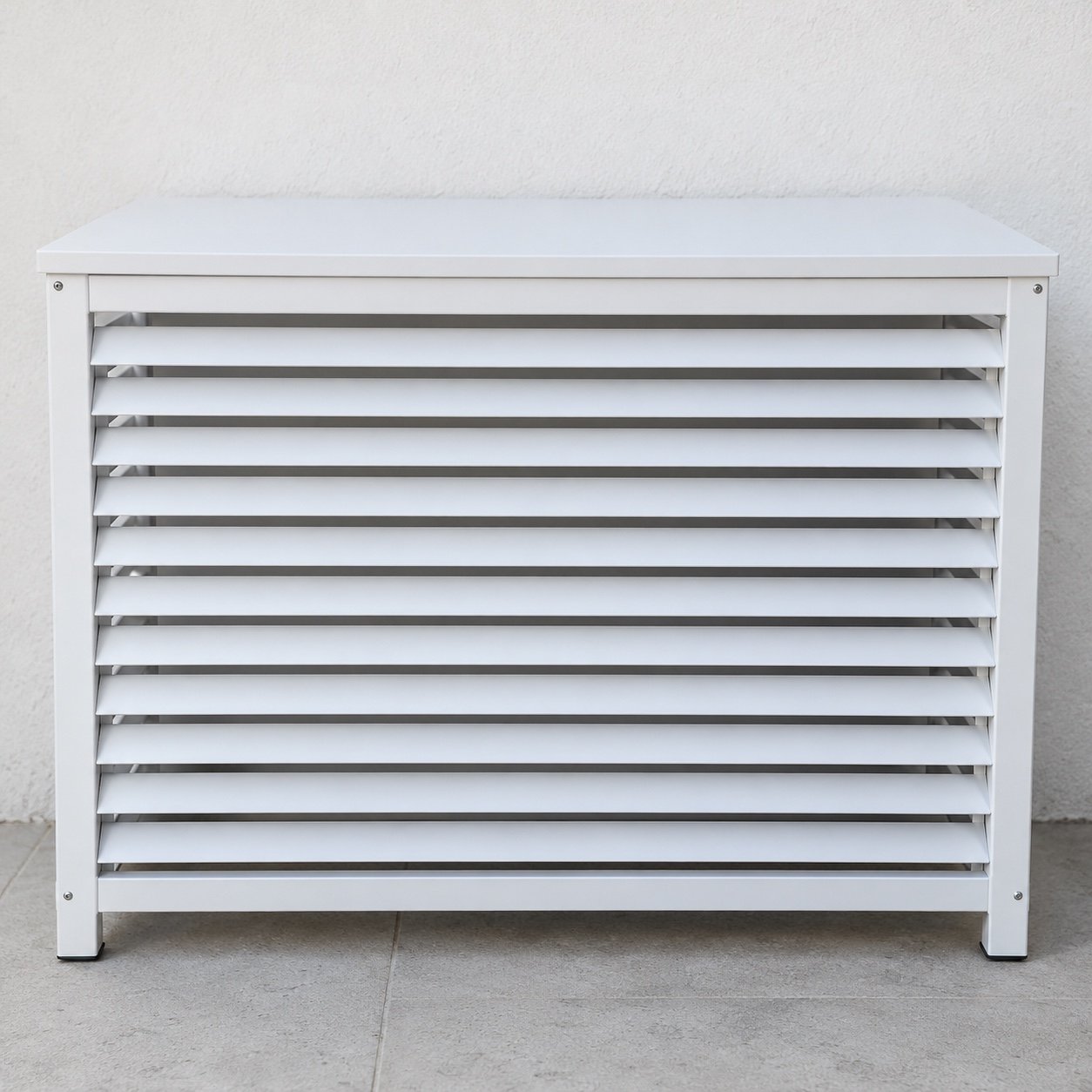 Matte white louvred aluminium AC condenser cover shown from the front