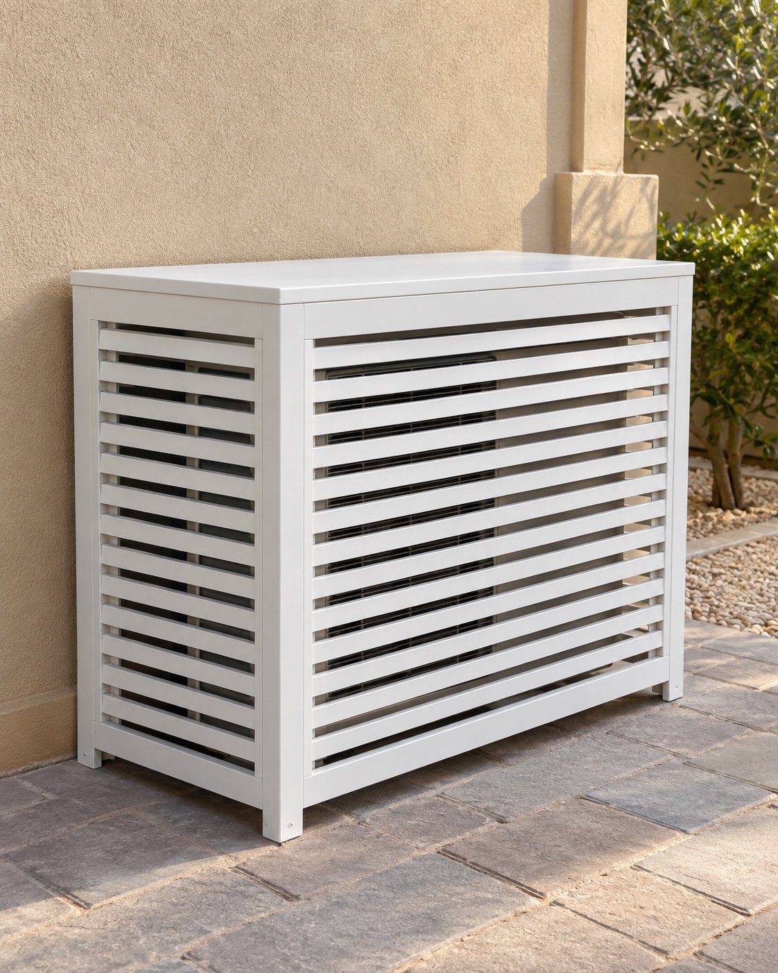 Matte white aluminium AC condenser cover on a UAE villa exterior wall