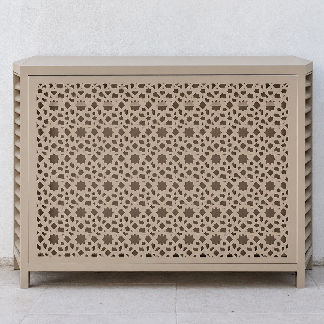 Sand beige aluminium Mashrabiya AC condenser cover with an 8-point-star laser-cut front panel, front view.