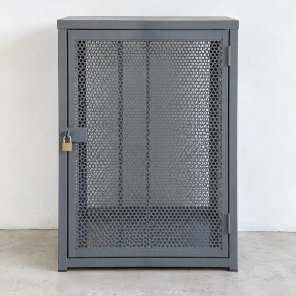 Front view of a grey powder-coated ventilated steel gas cylinder safety cage against a white wall.