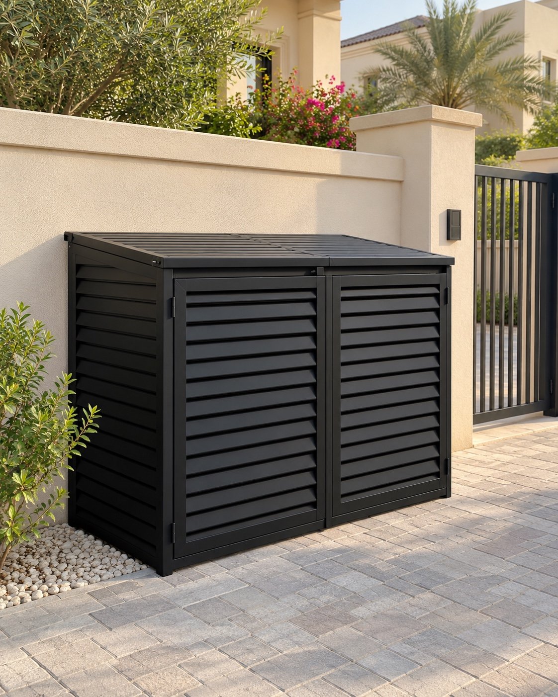 Matte black wheelie bin enclosure beside a UAE villa gate and boundary wall.
