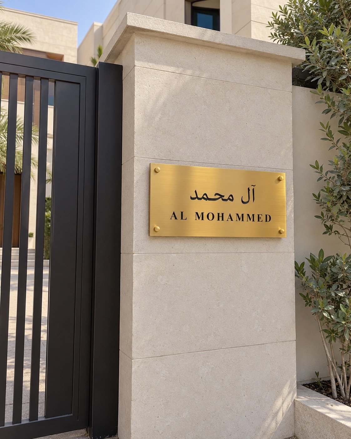 Gold PVD villa name plate mounted on a UAE villa boundary wall beside a front gate.