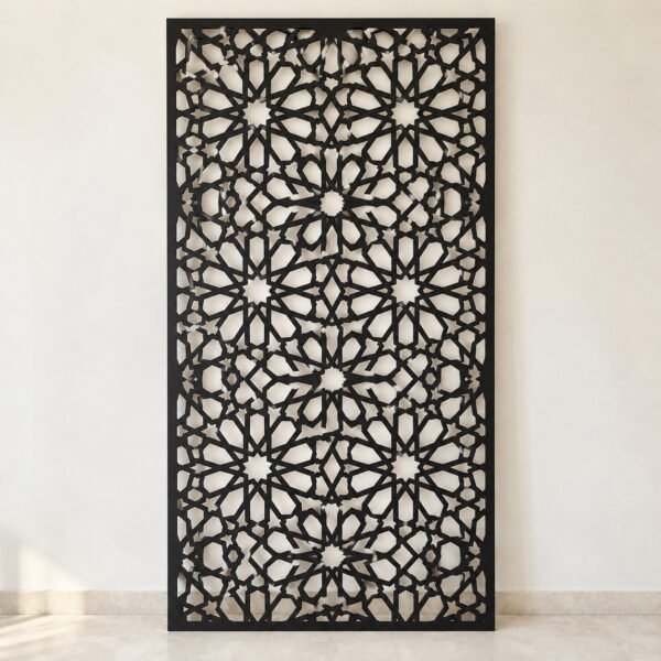 Matte black aluminium Arabesque Privacy Screen Panel shown front-on against a white wall.