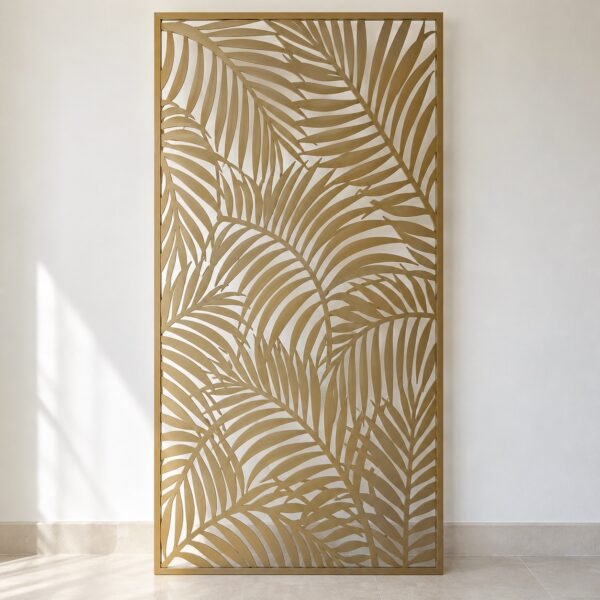 Front view of the X016 sand-gold aluminium palm leaf privacy screen panel on a light wall.