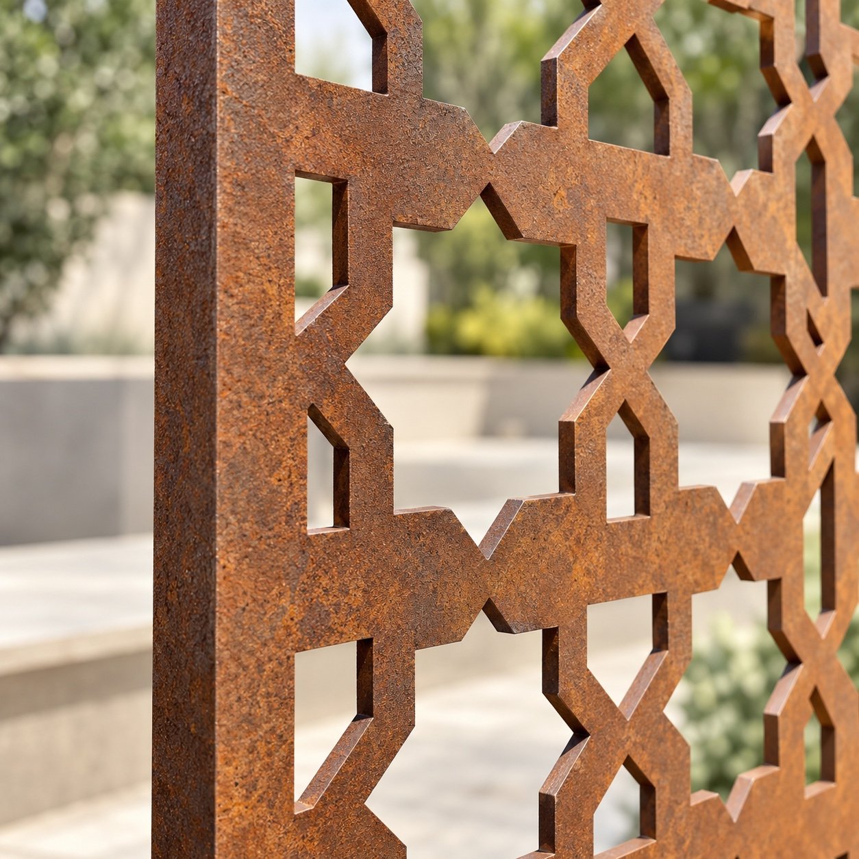 Close-up of the corten-finish laser-cut steel edge and geometric star cut-outs