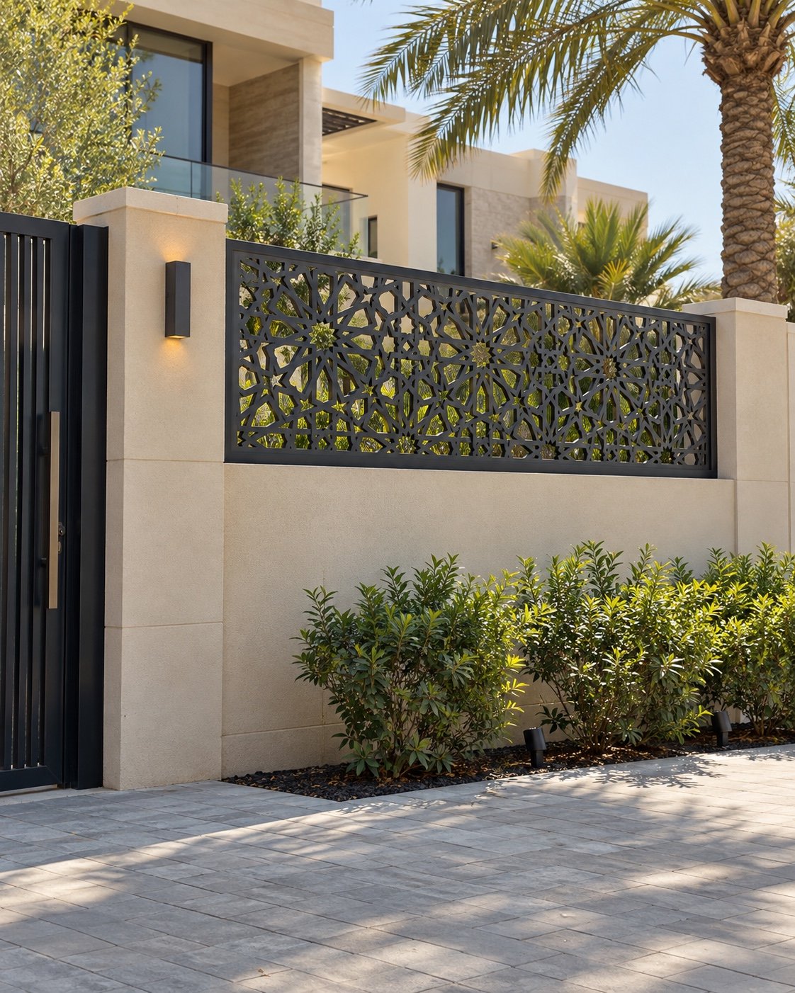 Anthracite Islamic geometric villa wall fence infill panel in place above a UAE villa boundary wall and gate.