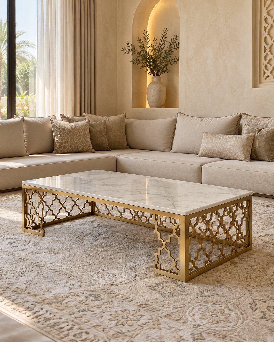 X028 marble and gold low majlis table shown at realistic scale in an elegant UAE villa majlis with low seating.