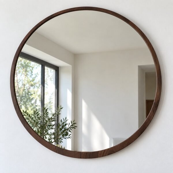 Round wall mirror with a slim deep walnut wood frame on a white wall.