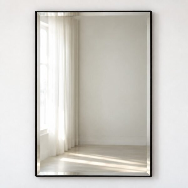 Saira Edge rectangular matte black wall mirror on a plain white wall
