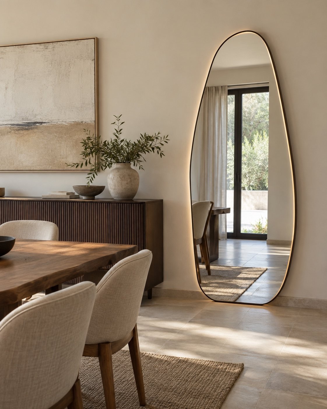 Sculpted Halo organic LED mirror beside a dining-room sideboard