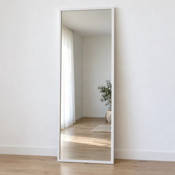 White rectangular bevel leaner mirror standing against a plain white wall