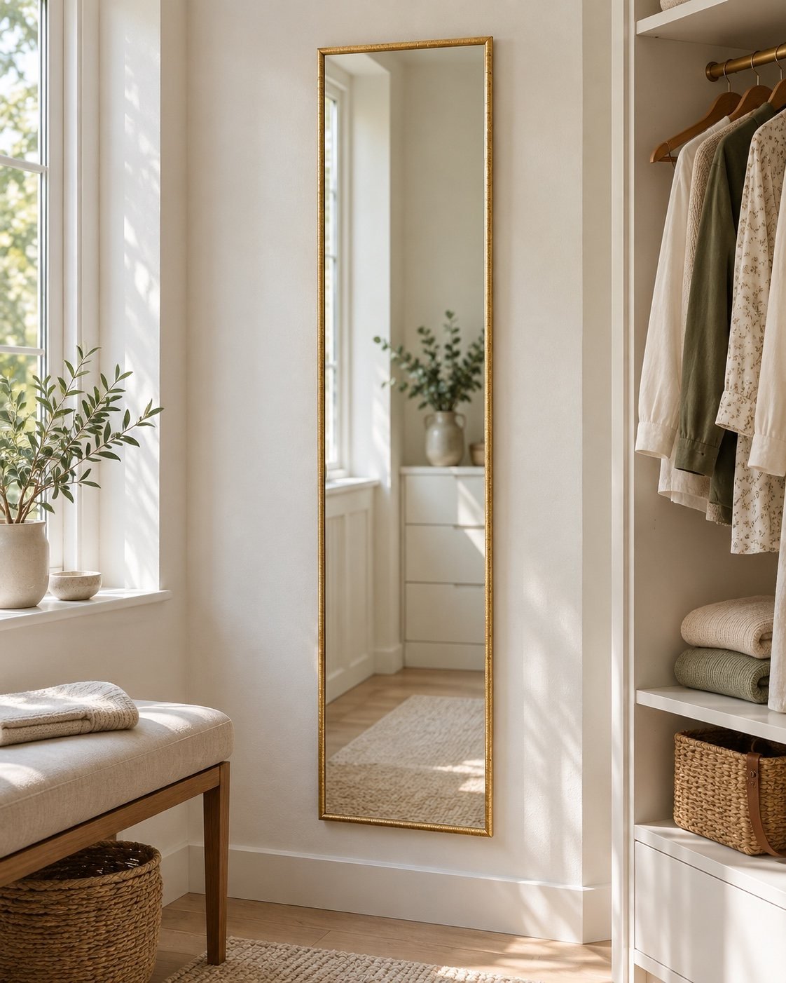 Luma Slim Gold full-length mirror in a walk-in dressing room