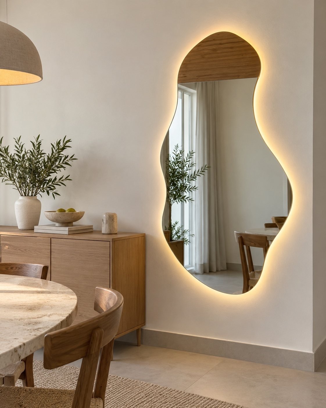 Organic LED wall mirror beside a sideboard in a lived-in dining room.